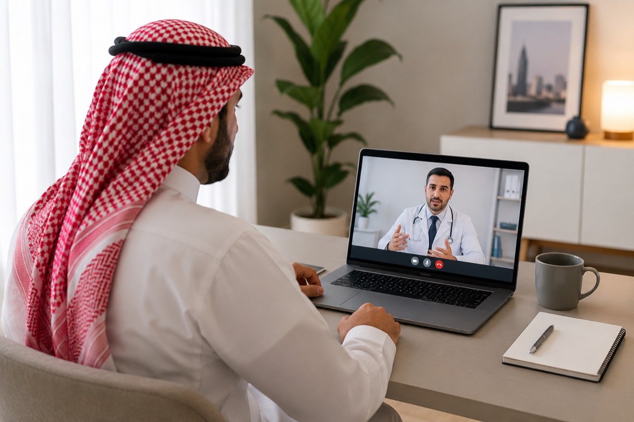 A man in traditional Saudi dress having a secure video consultation with a doctor on a laptop at home